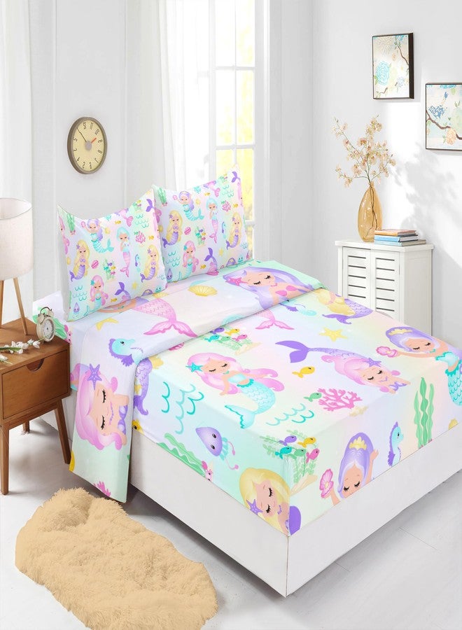 XYNHML Rainbow Mermaid Fitted Sheet Queen Size 4Pcs Fairy Tale Sea Shell Grass Quilt Bed Sheet Set Starfish Jellyfish Bedding with Deep Pocket Includes 1 Fitted Sheets & 2 Pillowcases No Flat Sheet - Image 1