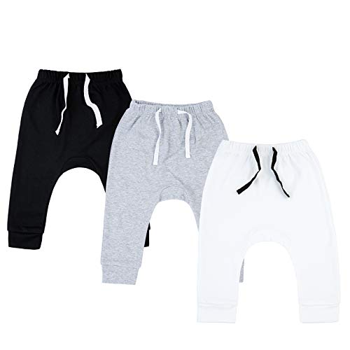 SOBOWO 0-3 Month Boy Pants Newborn Baby Boy 3-Pack Joggers Infant Baby Cotton Harem Pants for Toddler Boys Girls Interlock 195 GSM (0-3 Months, Black/White/Grey) - Image 1