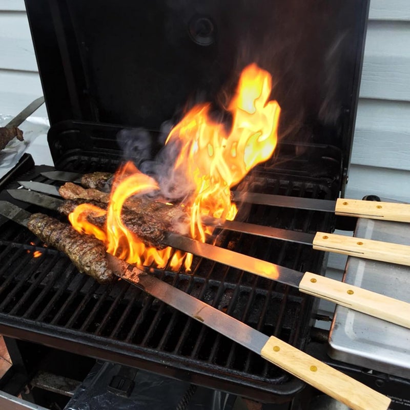 GOUTIME أسياخ شواء جوتايم بطول 23 بوصة، عرض 1 بوصة، أسياخ شواء من الفولاذ المقاوم للصدأ مع مقبض خشبي لصنع كباب الكوبيديه الفارسي والبرازيلي والدجاج والجمبري، مجموعة من 7 قطع مع حقيبة - Image 3