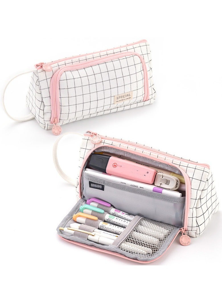 Large Capacity Colored Canvas Storage Pouch Marker Pen Pencil Case Simple Stationery Bag Holder for Middle High School Office College Student  White Plaid - Image 1