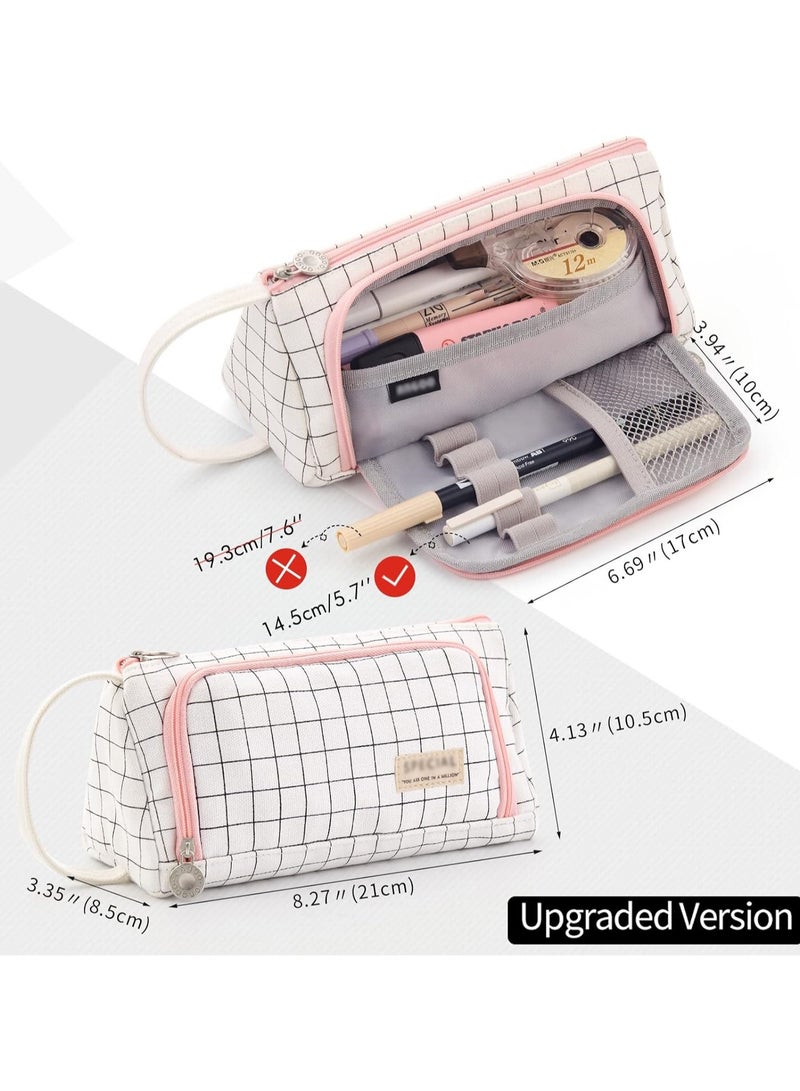 Large Capacity Colored Canvas Storage Pouch Marker Pen Pencil Case Simple Stationery Bag Holder for Middle High School Office College Student  White Plaid - Image 3