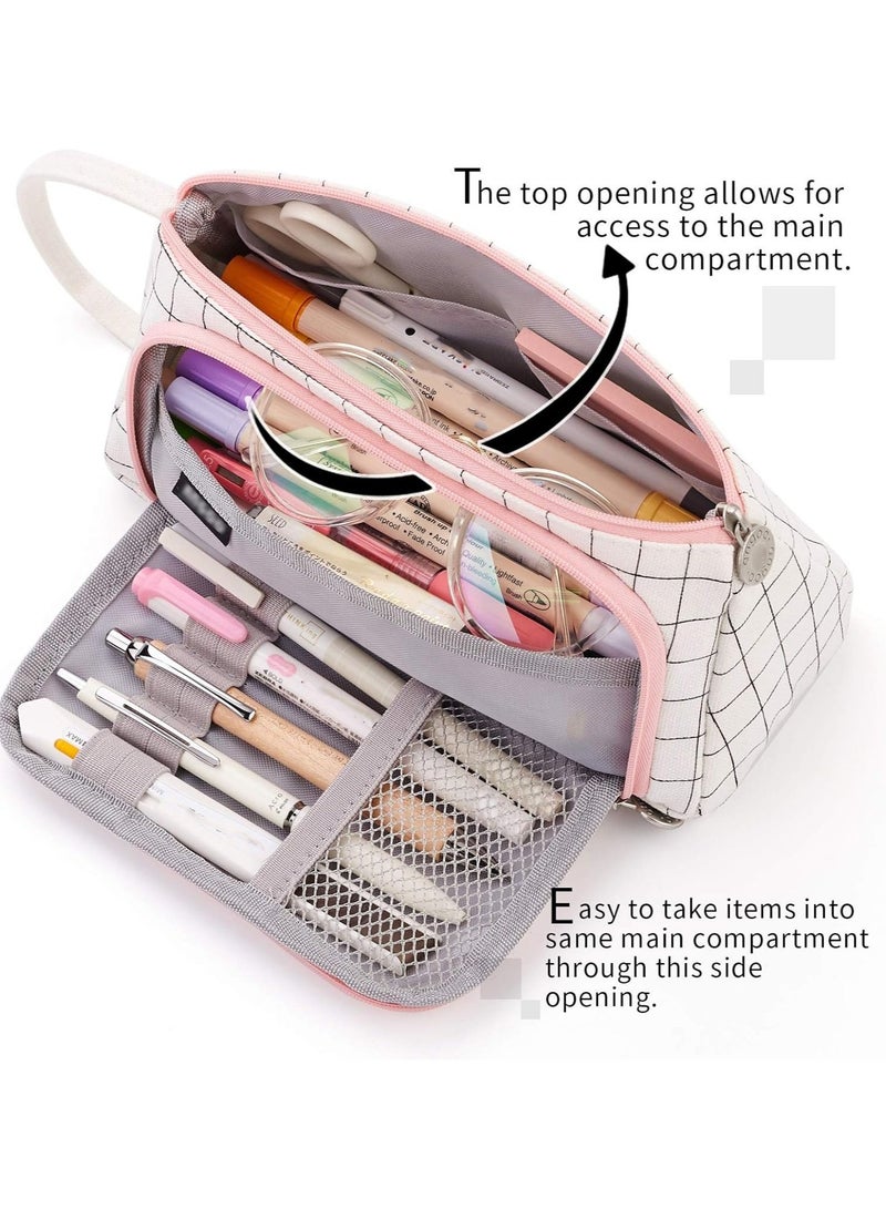 Large Capacity Colored Canvas Storage Pouch Marker Pen Pencil Case Simple Stationery Bag Holder for Middle High School Office College Student  White Plaid - Image 4
