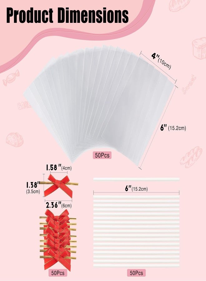 JCXGRVC 50pcs 4x6Inches Clear Rice Krispie Treat Bags with Sticks and Ties Bows Rice Kit Cakesicle Bags Individually Wrapped Packaging for Marshmallow Mcaron Pop Candy Apple Cookies Cake Ore Pop - Image 2