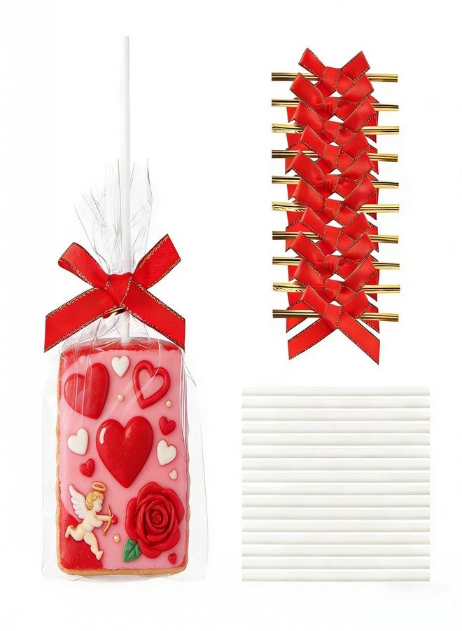 JCXGRVC 50pcs 4x6Inches Clear Rice Krispie Treat Bags with Sticks and Ties Bows Rice Kit Cakesicle Bags Individually Wrapped Packaging for Marshmallow Mcaron Pop Candy Apple Cookies Cake Ore Pop - Image 1