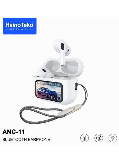 ANC-11 Bluetooth Earphones with Real Active Noise Cancellation, Digital Display, Deep Bass, Clear Microphone, Touch Controls, App Support, Long Battery Life for Android & iOS – Premium Wireless Earbuds for Music & Calls