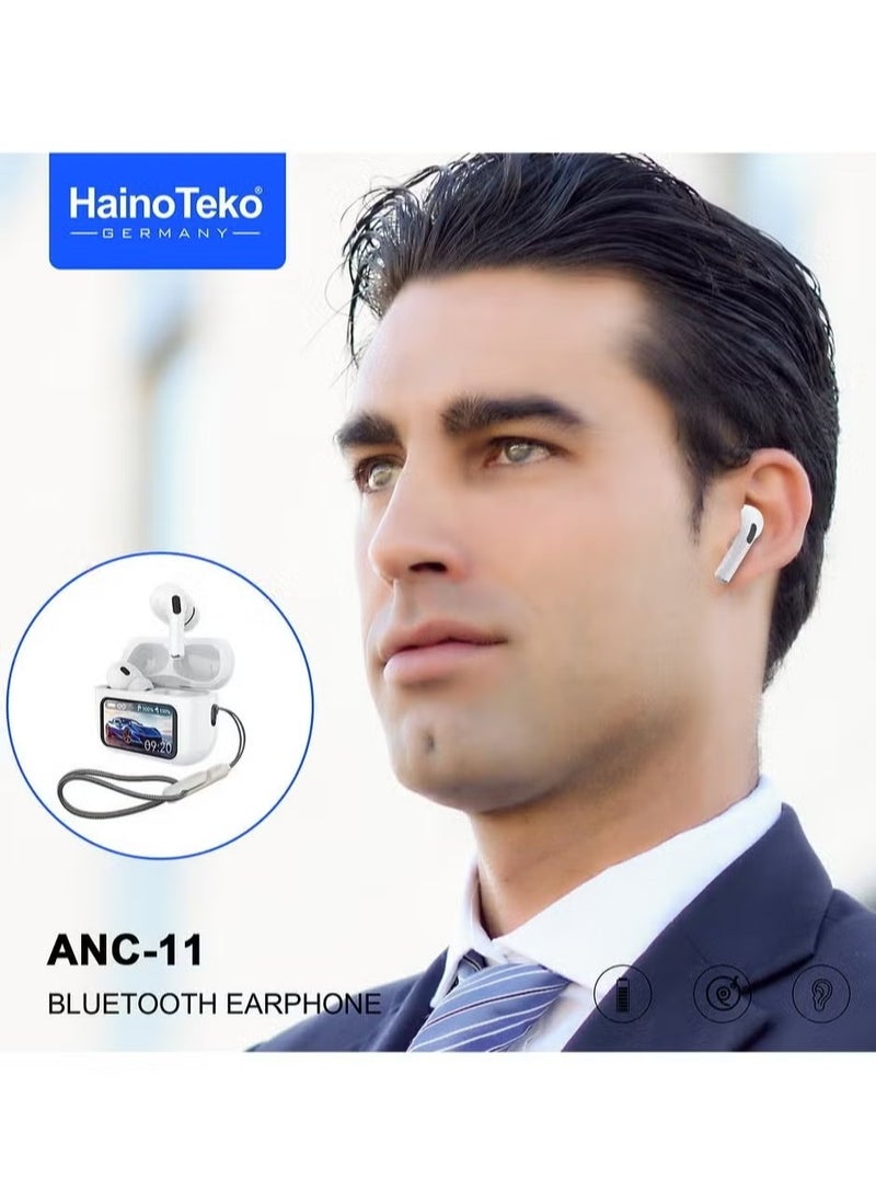 ANC-11 Bluetooth Earphones with Real Active Noise Cancellation, Digital Display, Deep Bass, Clear Microphone, Touch Controls, App Support, Long Battery Life for Android & iOS – Premium Wireless Earbuds for Music & Calls