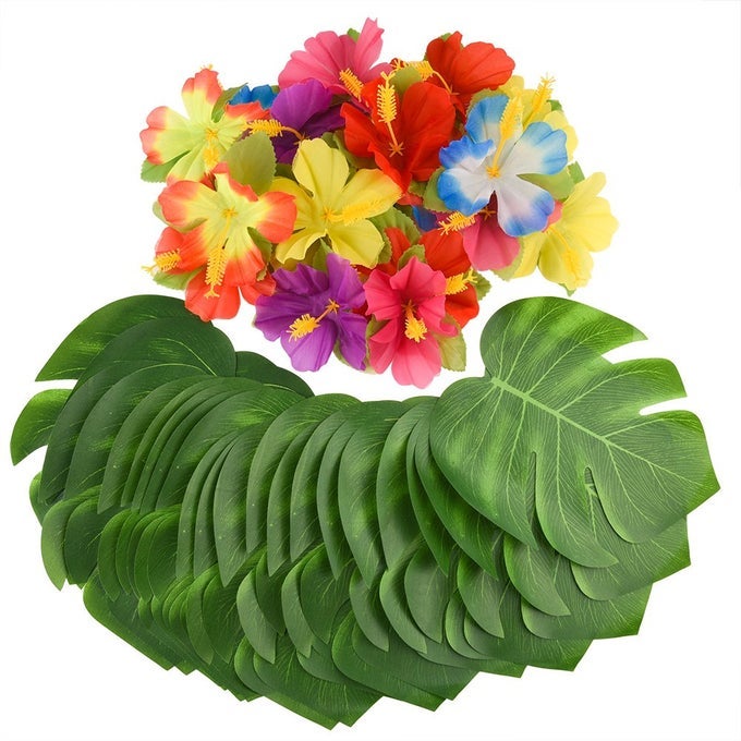 60 PCS WRINKLE PREVENTION FLOWERS AND TROPICAL LEAVES FOR TROPICAL PARTY DECORATIONS SUPPLIES ARTIFICIAL HIBISCUS FLOWERS TROPICAL PALM LEAVES FOR HAWAIIAN SAFARI BBQ LUAU PARTY DECORATIONS