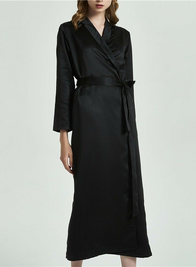 Loquat Women's Imitation Silk Loose Nightgown Night-Robe Solid Color Soft Bathrobe Loungewear Black