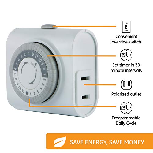 GE 24-Hour Indoor Plug-In Mechanical Outlet Timer, 1 Polarized Outlet, Timers for Electrical Outlets Indoor, Light Timers Indoor, 30 Minute Intervals, Daily ON/OFF Cycle, Christmas Tree Timer, 15119 - Image 2