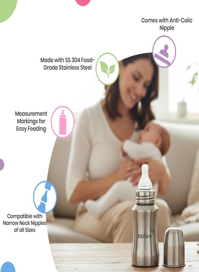 Nuluv Nourish+ Stainless Steel Feeding Bottle 140ml with S Size Nipple, 0+ Months Babies, Food Grade SS 304, Anti-Colic Silicone Nipple, BPA Free, Baby Bottle, Easy to Clean, BIS Certified - Image 3