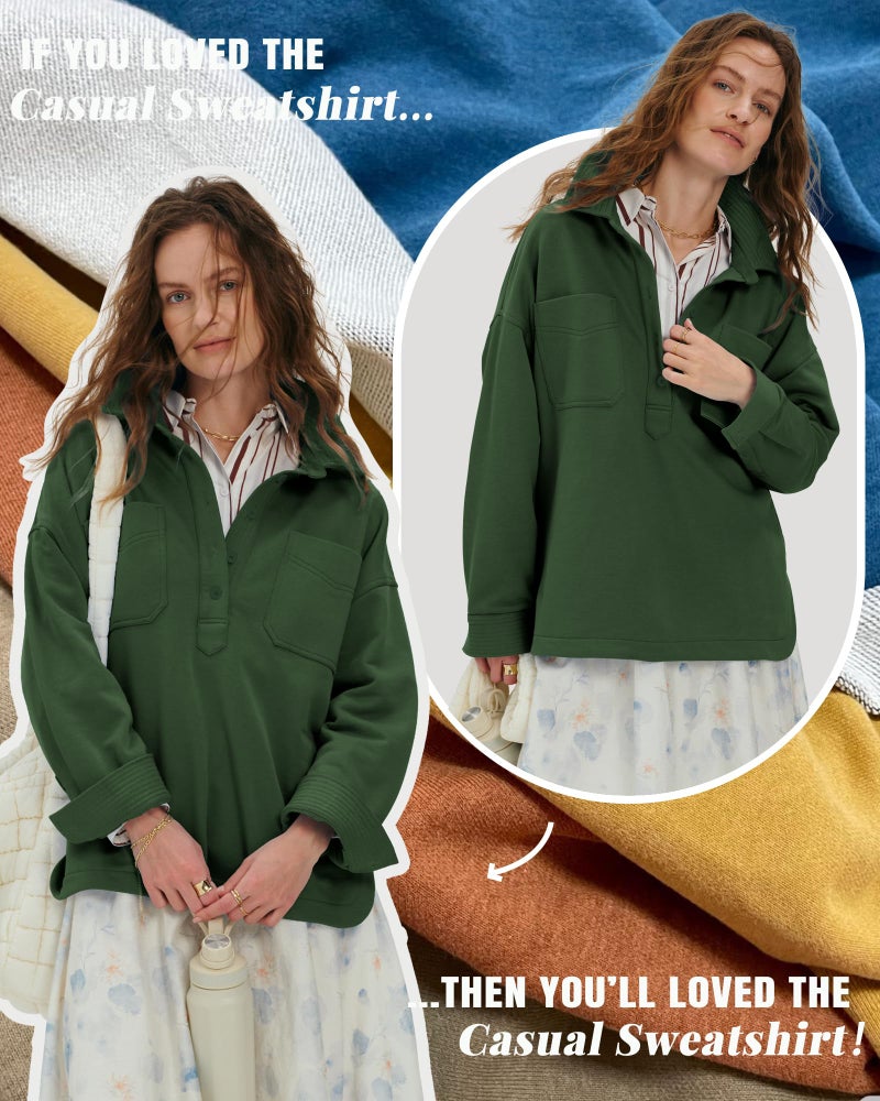 Locachy Women's Casual Oversized Polo Neck Sweatshirt Lapel Long Sleeve Button Pullover Tops Fashion Outfits Clothes Dark Green XL - Image 5