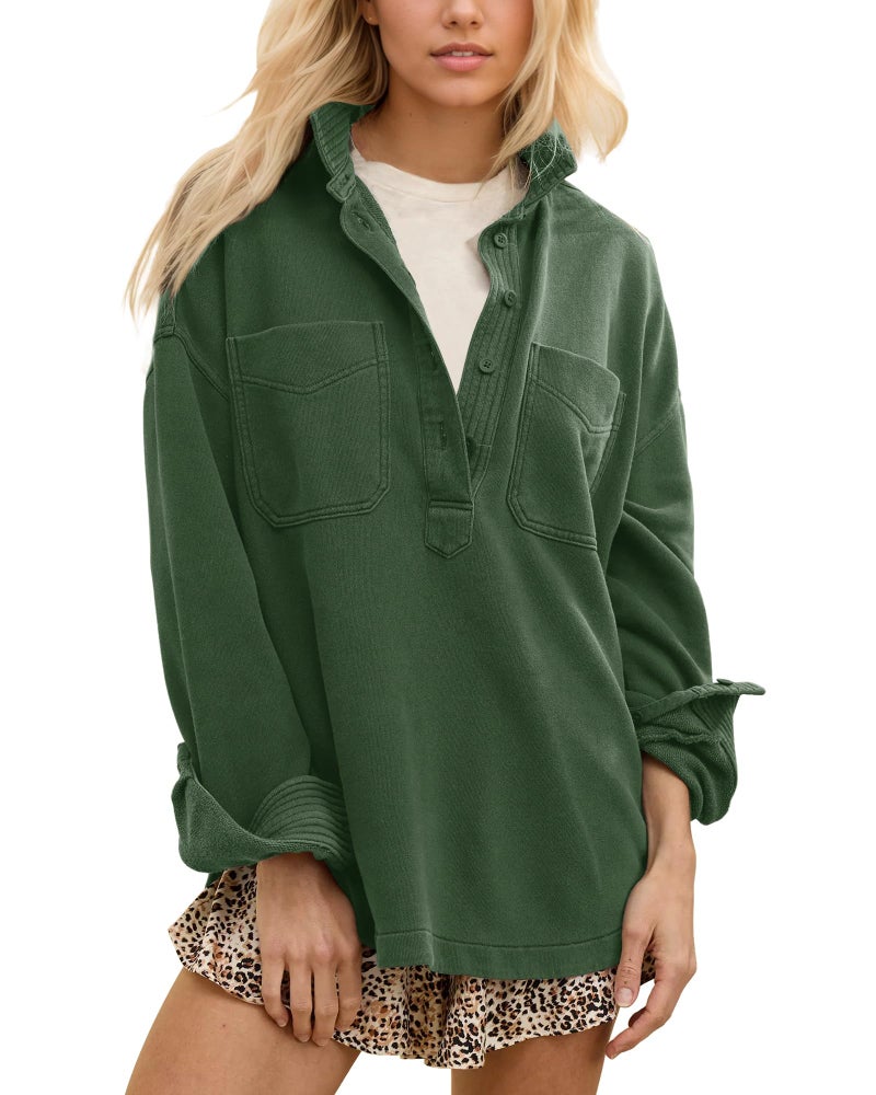 Locachy Women's Casual Oversized Polo Neck Sweatshirt Lapel Long Sleeve Button Pullover Tops Fashion Outfits Clothes Dark Green XL - Image 1