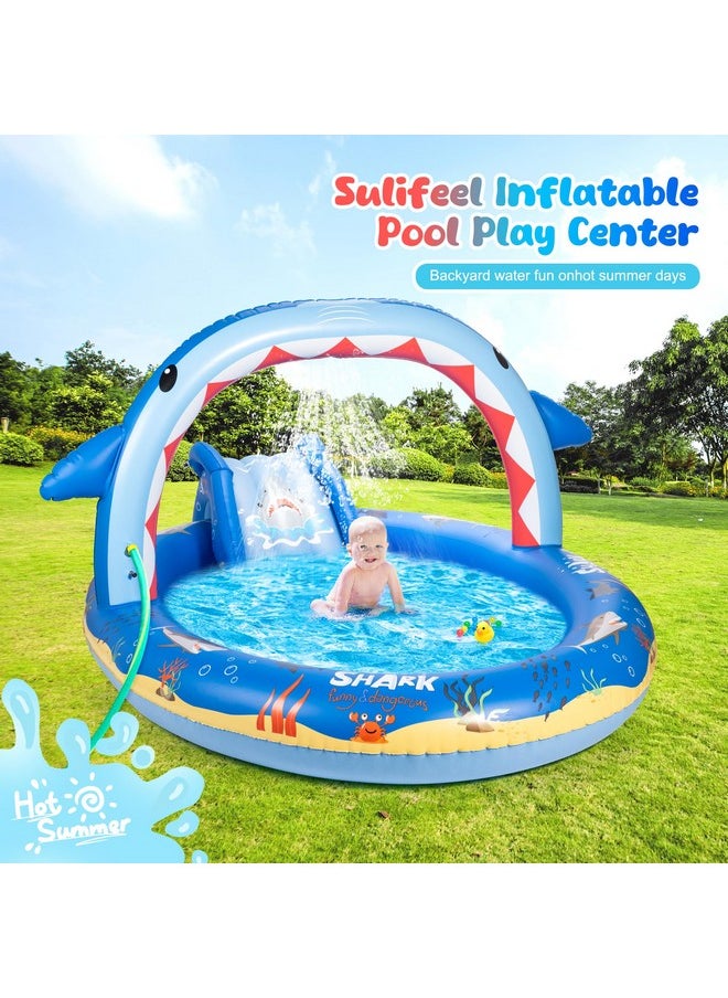 SULIFEEL - Shark Inflatable Play Center Kiddie Pool With Slide And Sprinkler For Children, 8Ft X 5Ft X 9.5In Baby Pool For Backyard And Garden, Free Inflatable Pump - Image 1