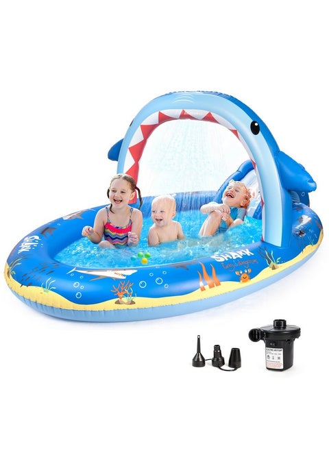 Shark Inflatable Play Center Kiddie Pool With Slide And Sprinkler For Children, 8Ft X 5Ft X 9.5In Baby Pool For Backyard And Garden, Free Inflatable Pump