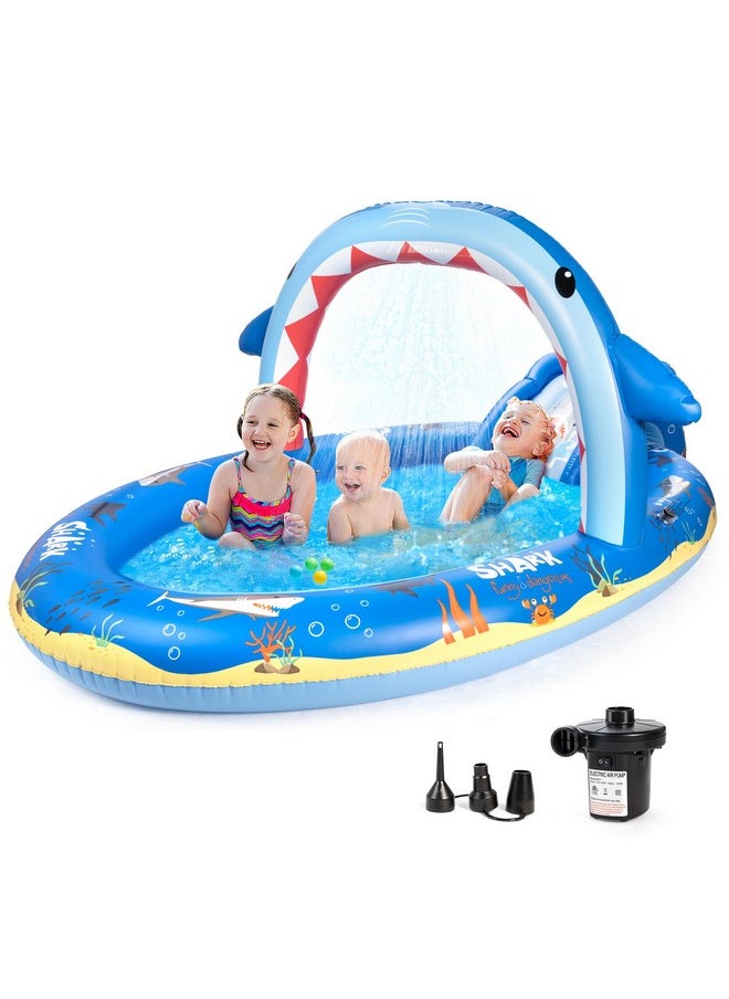 SULIFEEL - Shark Inflatable Play Center Kiddie Pool With Slide And Sprinkler For Children, 8Ft X 5Ft X 9.5In Baby Pool For Backyard And Garden, Free Inflatable Pump - Image 1