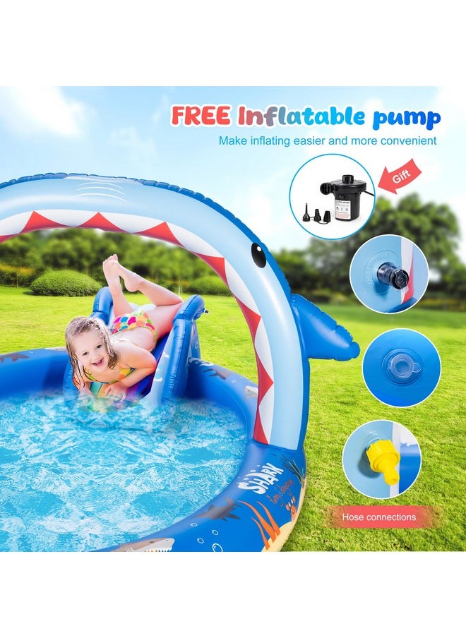 SULIFEEL - Shark Inflatable Play Center Kiddie Pool With Slide And Sprinkler For Children, 8Ft X 5Ft X 9.5In Baby Pool For Backyard And Garden, Free Inflatable Pump - Image 1