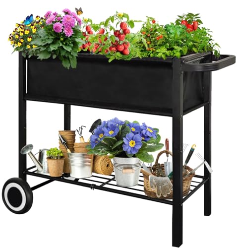 Fiwithy Raised Garden Bed with Legs for Outdoor Plants, Standing Elevated Planter Box Cart on Wheels for Vegetables Flower Herb Patio, Black - Image 1