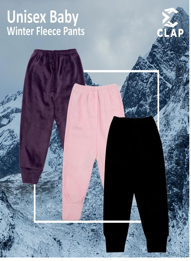 CLAP Unisex Baby Winter Pants Fleece Warm Pajamas Super Soft Multicolor Set of 3 (Purple Black Pink, 18-24 Months) - Image 2