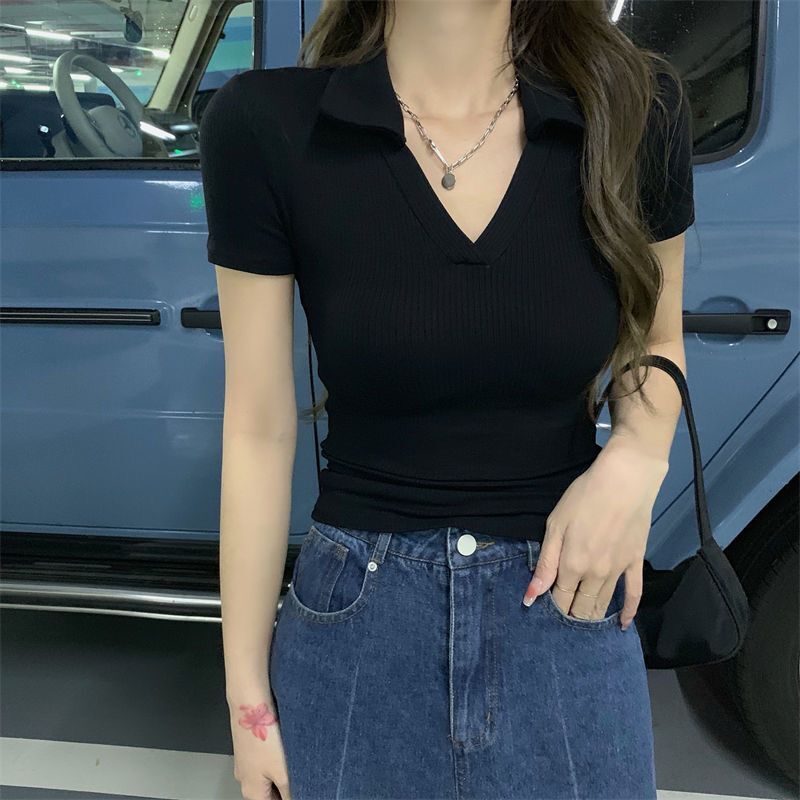 Hot girl slim V-neck slimming polo shirt womens summer new French style small short-sleeved shirt bottoming knitted T-shirt Brown - Image 2