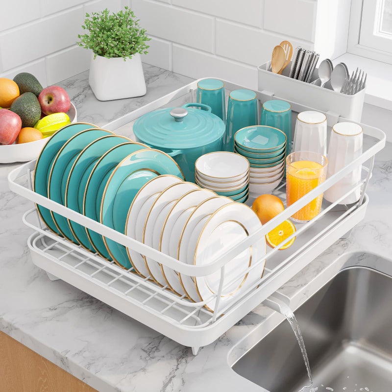 Sakugi Stainless Steel Dish Drying Rack for Kitchen Counter, Sink Organization and Storage Essentials with Silverware & Utensil Holder, Home and Apartment Decor, 12''W x 15.5''L, White - Image 1