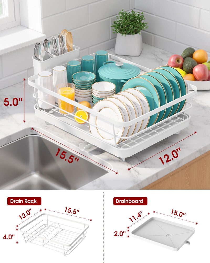 Sakugi Stainless Steel Dish Drying Rack for Kitchen Counter, Sink Organization and Storage Essentials with Silverware & Utensil Holder, Home and Apartment Decor, 12''W x 15.5''L, White - Image 3