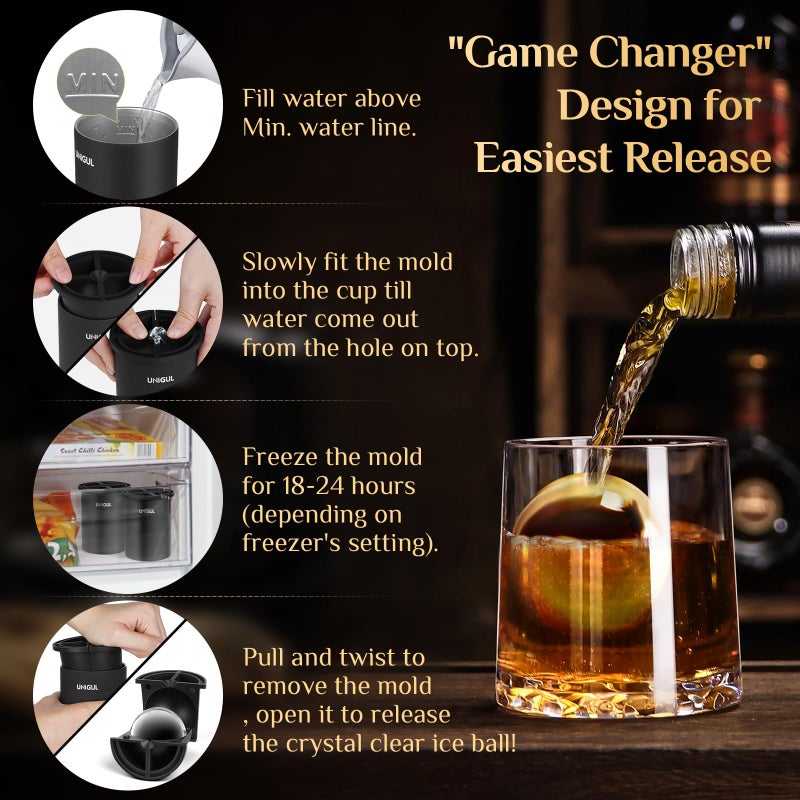 Unigul Clear Ice Cube Maker, 2.5" Stainless Steel Crystal Clear Ice Ball Maker, Non-BPA Silicone Ice Cube Molds for Whiskey Easy Release Ice Maker, Bourbon Gifts for Men (Black, 4 PACK) - Image 4