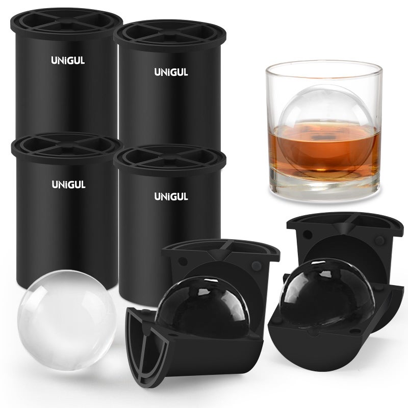 Unigul Clear Ice Cube Maker, 2.5" Stainless Steel Crystal Clear Ice Ball Maker, Non-BPA Silicone Ice Cube Molds for Whiskey Easy Release Ice Maker, Bourbon Gifts for Men (Black, 4 PACK) - Image 1