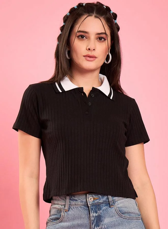 Winered Black Ribbed Short Sleeve Polo T-Shirt