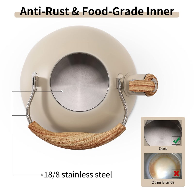 LONFFERY Tea Kettle for Stove Top, 2.5 Quart Whistling Tea Kettle, with Food Grade Stainless Steel and Wood Pattern Folding Handle, Creamy White - Image 5