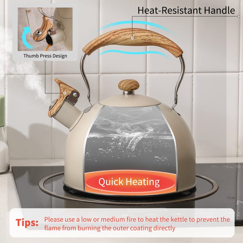 LONFFERY Tea Kettle for Stove Top, 2.5 Quart Whistling Tea Kettle, with Food Grade Stainless Steel and Wood Pattern Folding Handle, Creamy White - Image 3