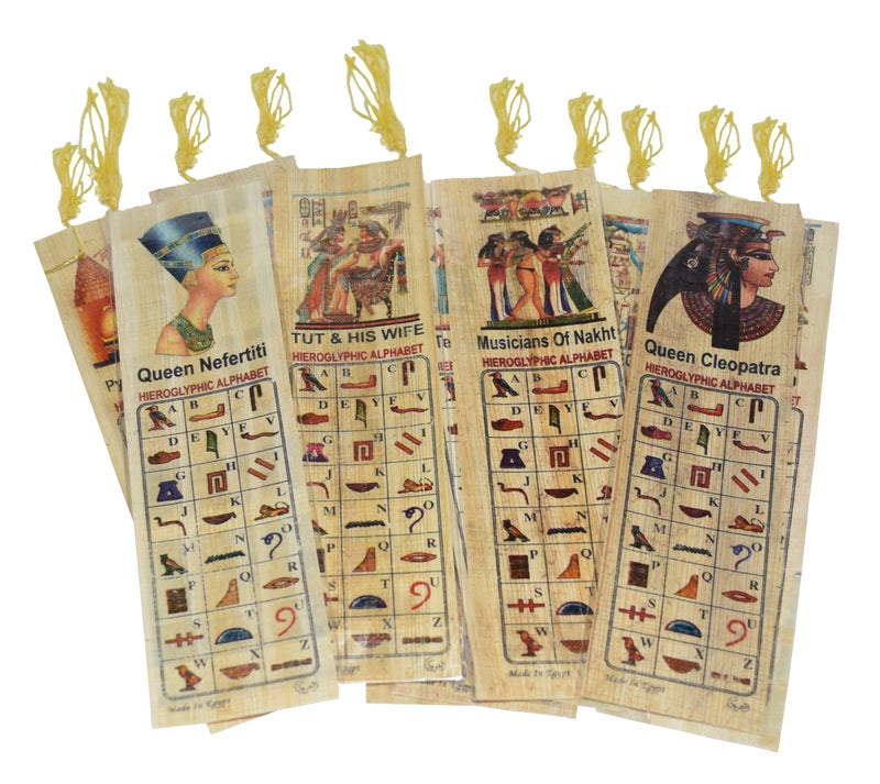 Set 10 Large Egyptian Bookmarks Book Marks Papyrus Paper 7"x2" (18x5 cm) Original Handmade Hand Painted Painting Hieroglyphic Ancient Pharaoh Alphabets Papyri Sheets Art Educational School History