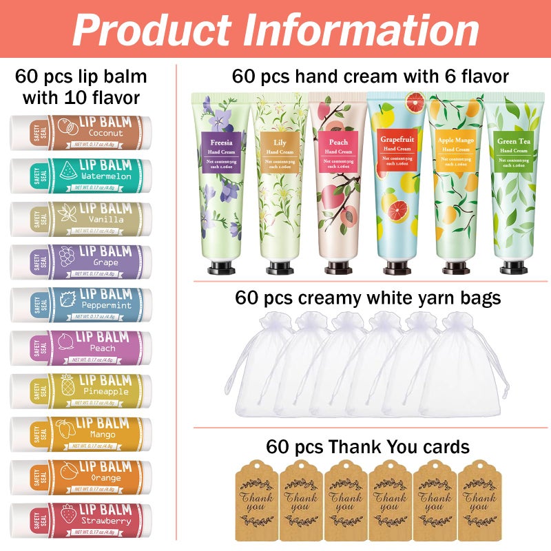 AZEN 60 Sets Bulk Gifts, Hand Cream and Lip Balm Bulk Set with Organza Bag Thank You Card, Baby Shower Wedding Gifts for Guests, Bridal Wedding Favors - Image 2
