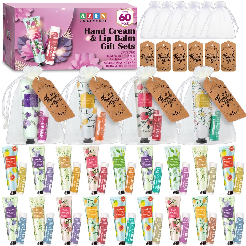 AZEN 60 Sets Bulk Gifts, Hand Cream and Lip Balm Bulk Set with Organza Bag Thank You Card, Baby Shower Wedding Gifts for Guests, Bridal Wedding Favors - Image 1