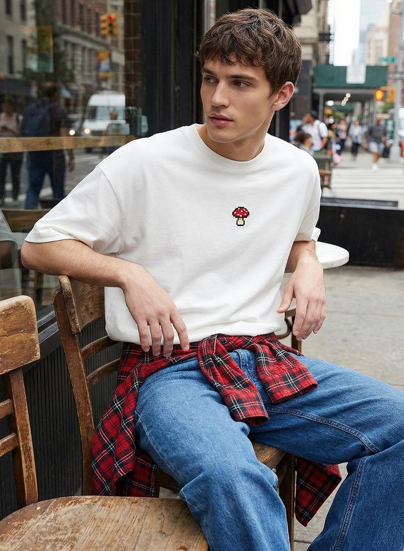 trendyol Ecru Unisex Oversize/Wide Cut Mushroom Embroidered 100% Cotton T-Shirt Tmnss24Ts00070 - Image 1