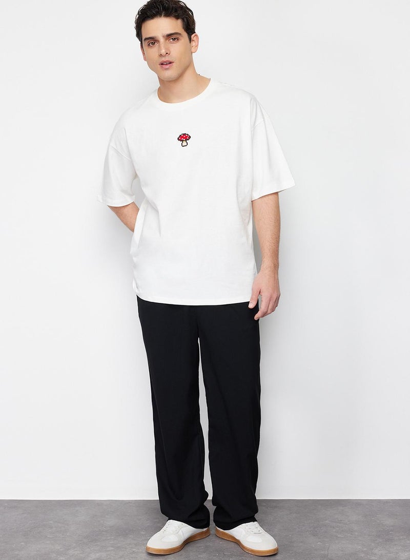 trendyol Ecru Unisex Oversize/Wide Cut Mushroom Embroidered 100% Cotton T-Shirt Tmnss24Ts00070 - Image 4