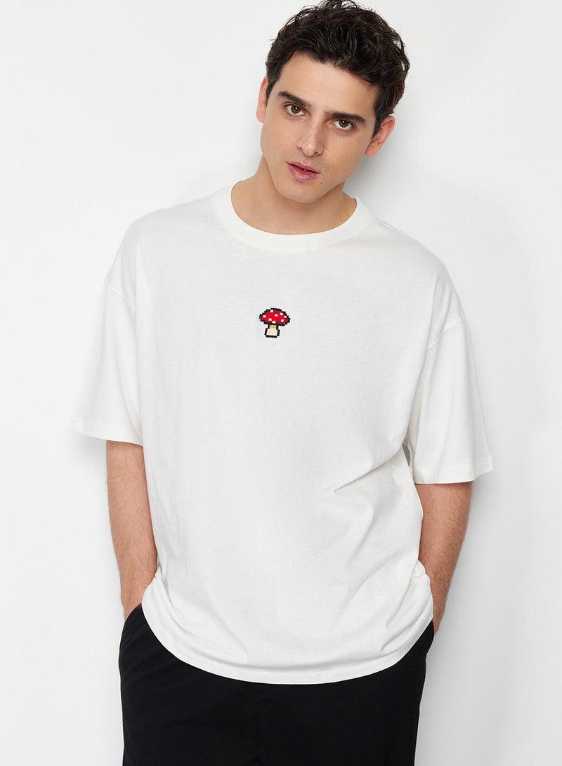 trendyol Ecru Unisex Oversize/Wide Cut Mushroom Embroidered 100% Cotton T-Shirt Tmnss24Ts00070 - Image 5