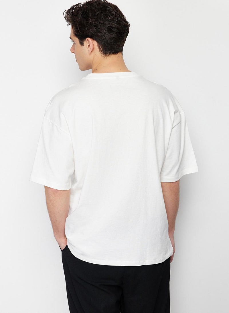 trendyol Ecru Unisex Oversize/Wide Cut Mushroom Embroidered 100% Cotton T-Shirt Tmnss24Ts00070 - Image 3