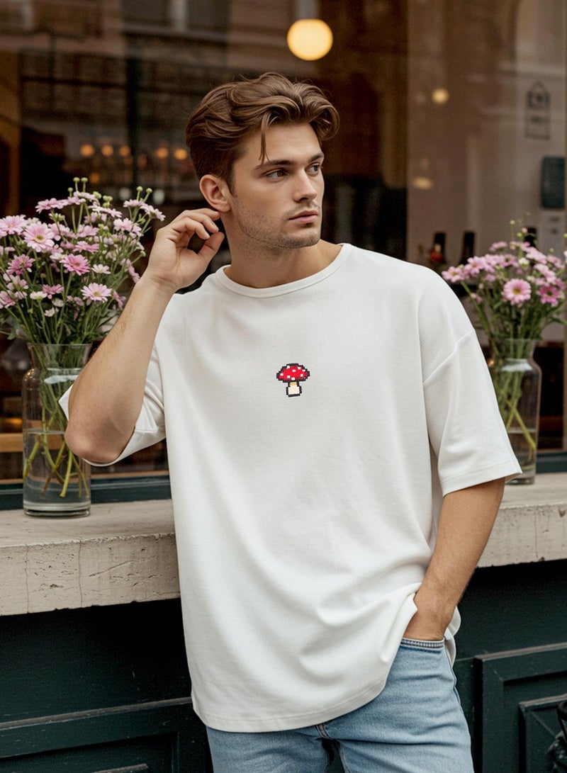 trendyol Ecru Unisex Oversize/Wide Cut Mushroom Embroidered 100% Cotton T-Shirt Tmnss24Ts00070 - Image 2