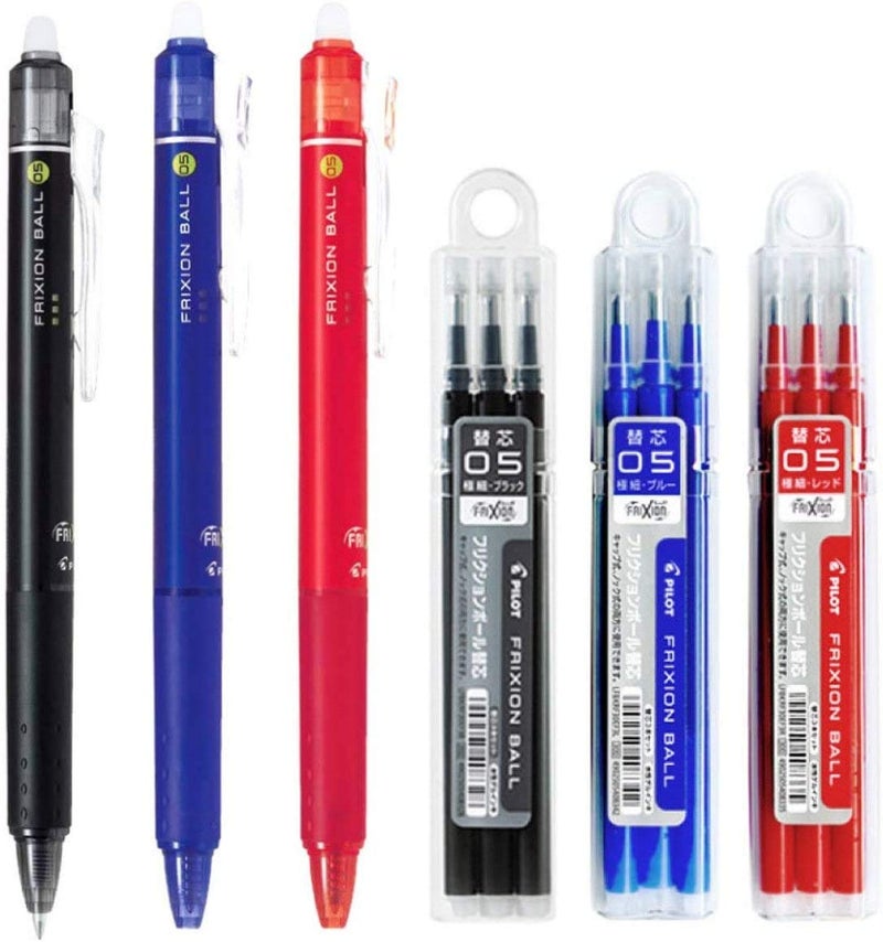 Pilot FriXion Ball Knock Retractable Erasable Gel Ink Pens, Extra Fine Point 0.5mm, Black/Blue/Red Ink, 3 Pens & 9 Refills Value Set - Image 2