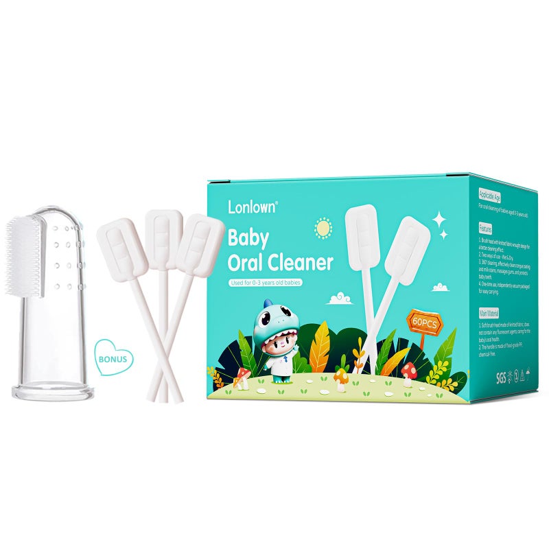 Lonlown 60PCS Baby Tongue Cleaner & 1PCS Finger Toothbrush Infant Mouth Cleaner Newborn Gum Cleaner Disposable Infant Oral Clean Stick Dental Care for Baby Toddler - Image 1