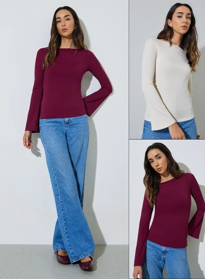 ستايلي Pack Of 2 - Solid Bell Sleeves Knitted Top
