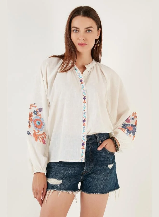 Lela Lela Embroidered Cotton Regular Fit Balloon Sleeve Summer Shirt Women's SHIRT 611BZ0173