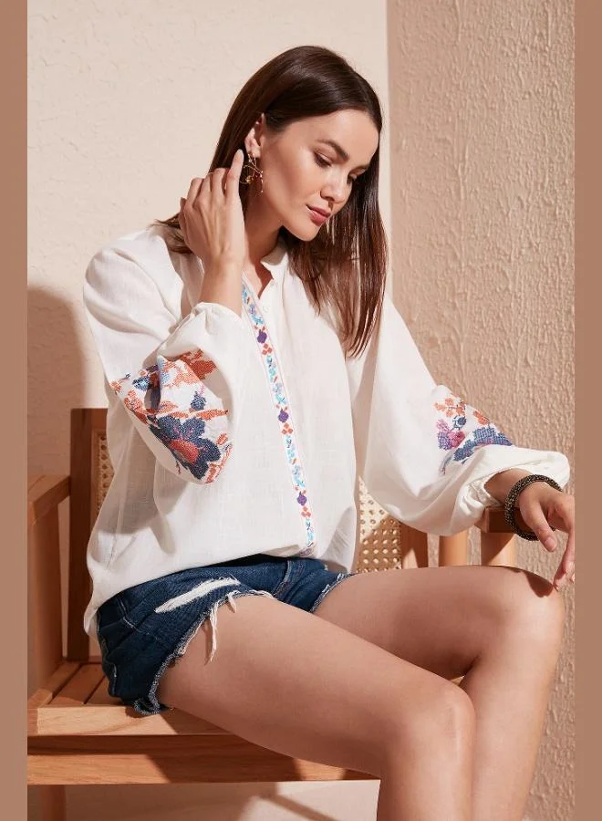 Lela Lela Embroidered Cotton Regular Fit Balloon Sleeve Summer Shirt Women's SHIRT 611BZ0173