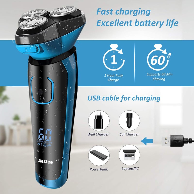 Aesfee Electric Razor for Men IPX7 Waterproof Wet and Dry Mens Electric Shavers Cordless 2 in 1 Rotary Shaver with Popup Trimmer and Travel Lock - Image 4