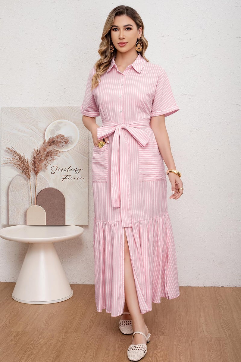 utcoco Women's 2025 Summer Casual Striped Button Down Maxi Dress Tie Waist Short Sleeve Shirt Dress with Pockets (Medium, Pink) - Image 5