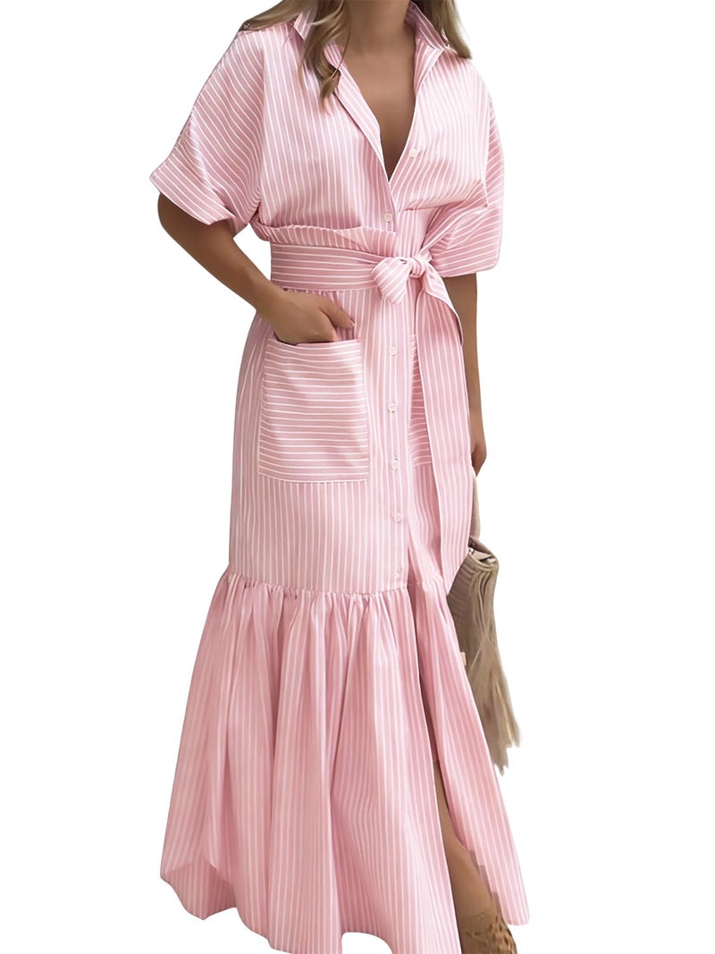 utcoco Women's 2025 Summer Casual Striped Button Down Maxi Dress Tie Waist Short Sleeve Shirt Dress with Pockets (Medium, Pink) - Image 1