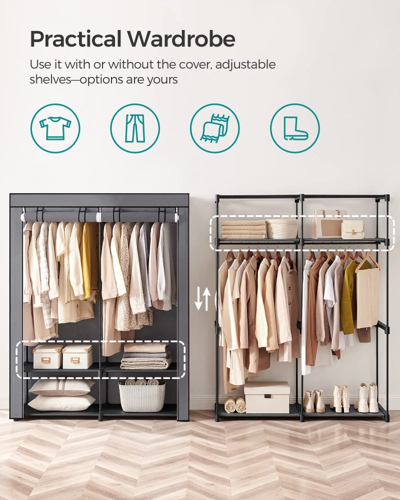SONGMICS Closet Wardrobe, Portable Closet for Bedroom, Clothes Rail with Non-Woven Fabric Cover, Clothes Storage Organizer, 55.1 x 16.9 x 68.5 Inches, Gray URYG02GY - Image 3