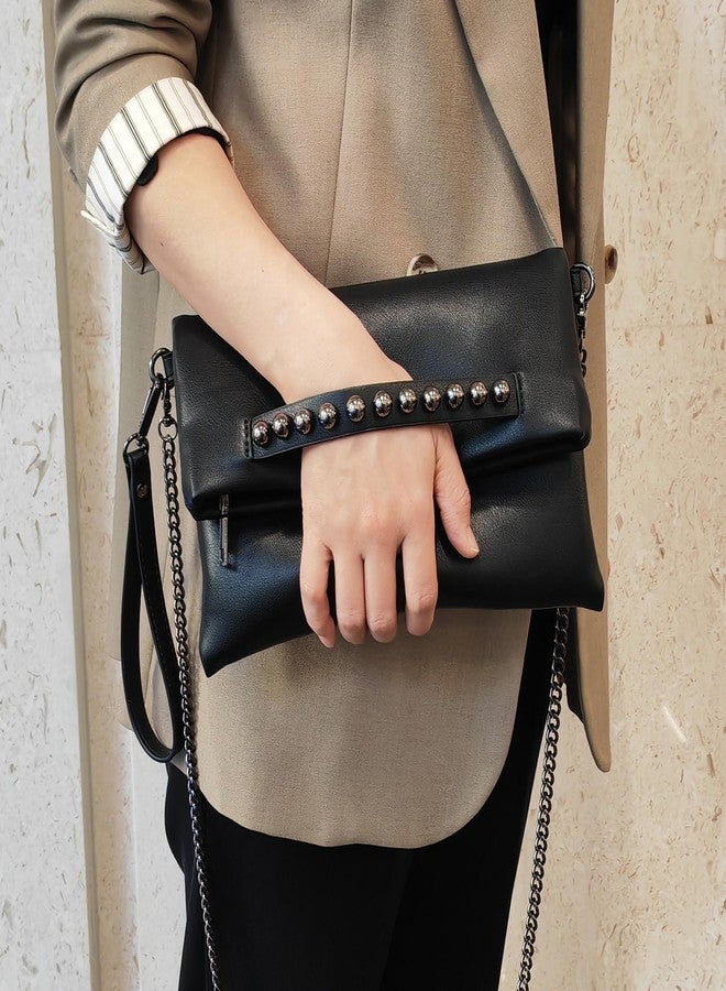 NIGEDU Fold-Over Women Clutch Purse Beaded PU Leather Chain Crossbody Bag Female Envelope Evening Bags (Black) - Image 2