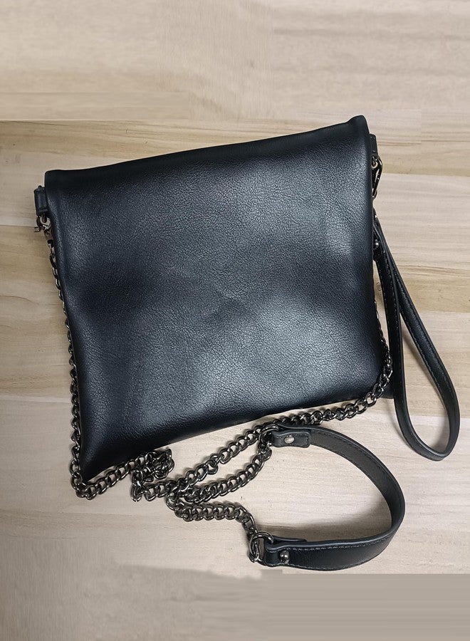 NIGEDU Fold-Over Women Clutch Purse Beaded PU Leather Chain Crossbody Bag Female Envelope Evening Bags (Black) - Image 5