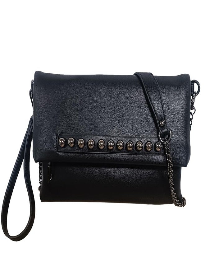 NIGEDU Fold-Over Women Clutch Purse Beaded PU Leather Chain Crossbody Bag Female Envelope Evening Bags (Black) - Image 1